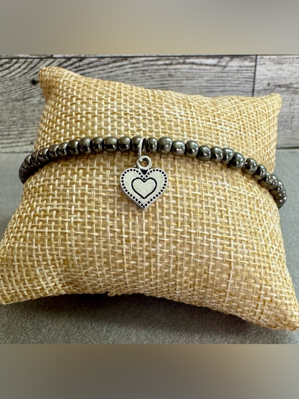 Dark Grey Beaded Bracelet with Silver finish Heart Charm